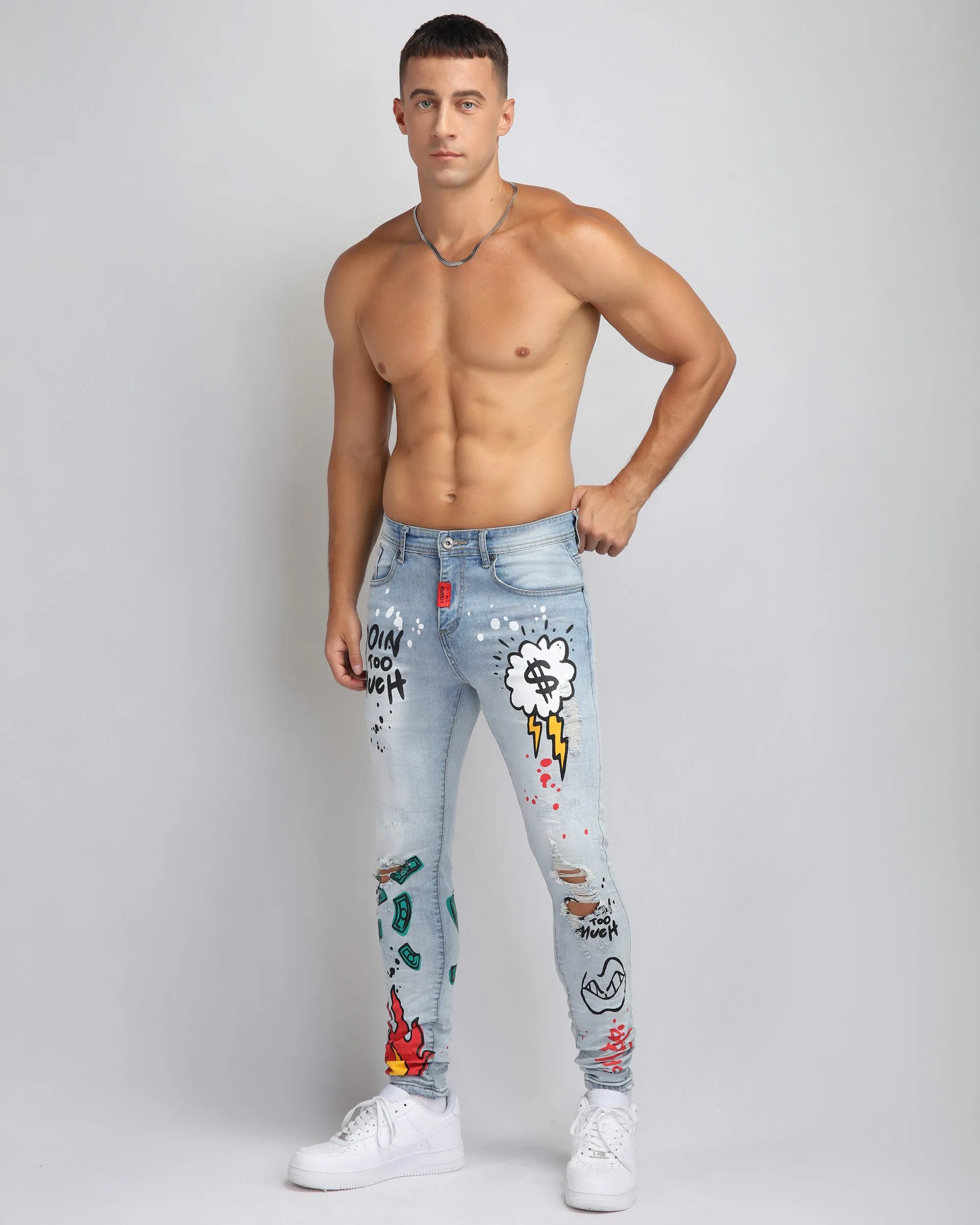 Anime-Inspired Style Light Wash Ripped Blue Jeans-Mexico Local Delivery