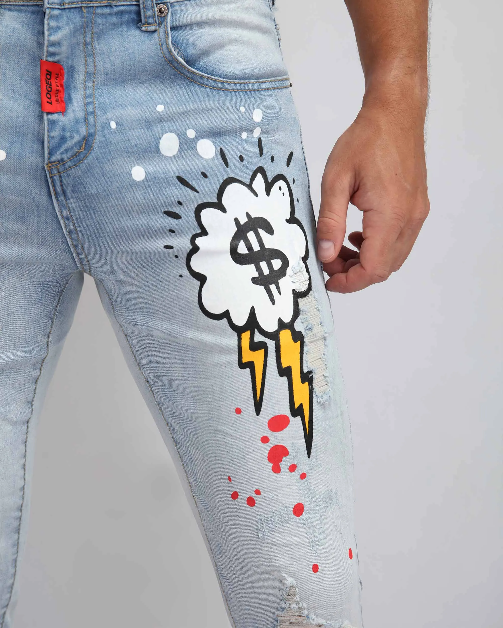 Anime-Inspired Style Light Wash Ripped Blue Jeans-Mexico Local Delivery