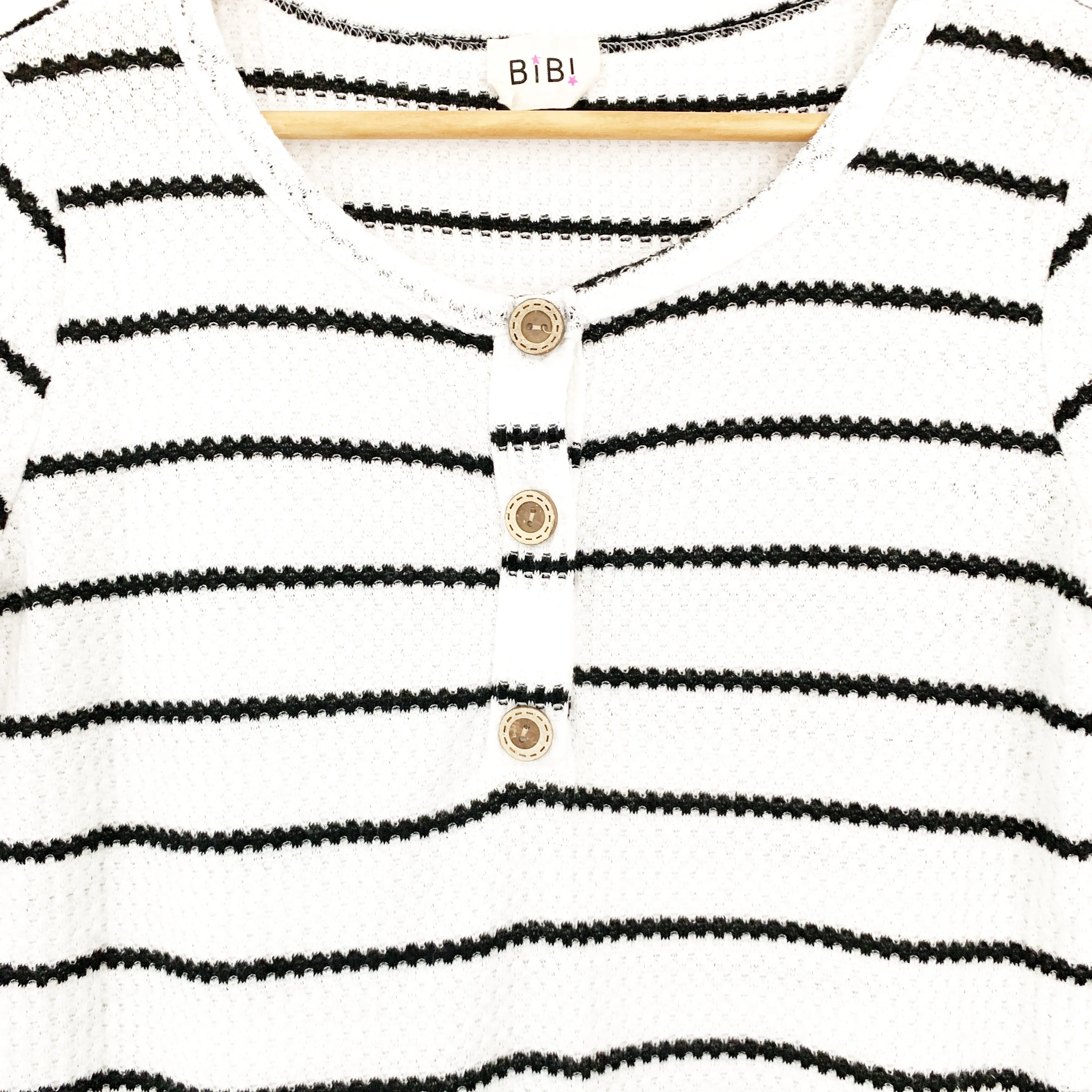 Bibi Striped Faux Button Thin Thermal Top- Size S