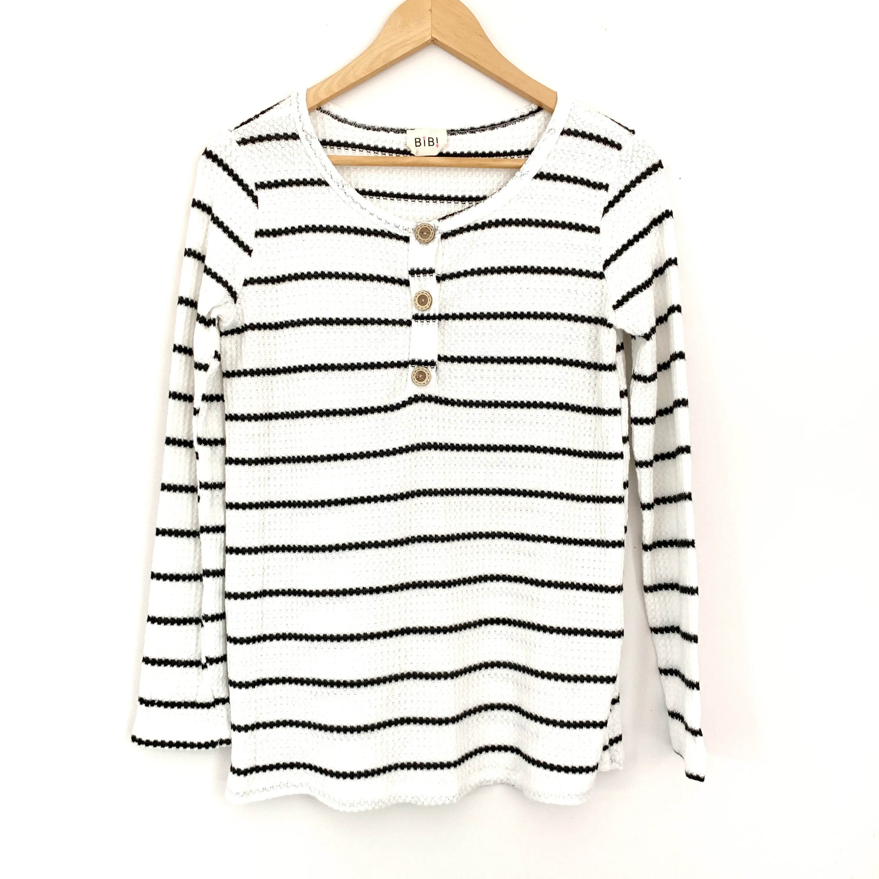 Bibi Striped Faux Button Thin Thermal Top- Size S