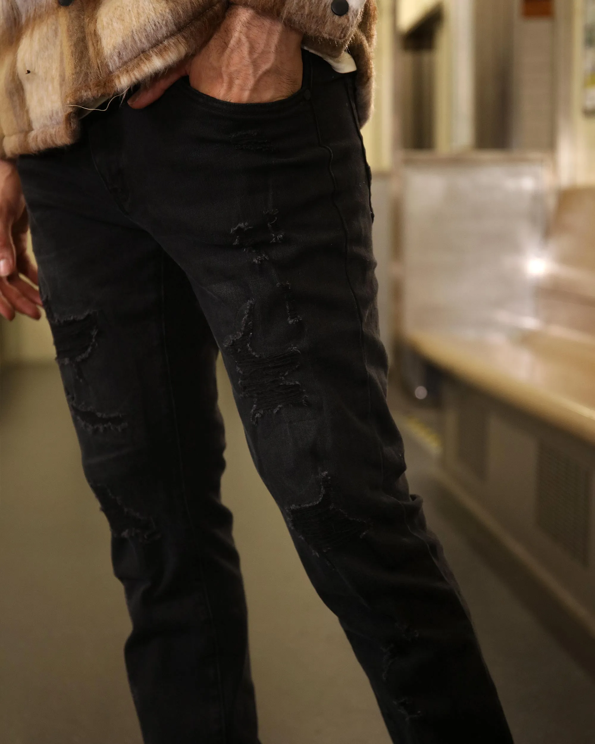 Black Jeans with Ripped and Repaired for Daily Wear-Mexico Local Delivery