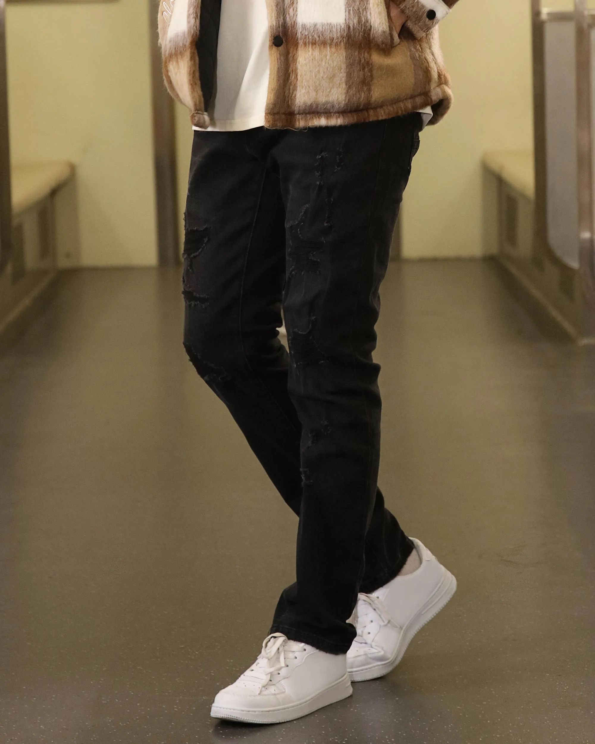 Black Jeans with Ripped and Repaired for Daily Wear-Mexico Local Delivery