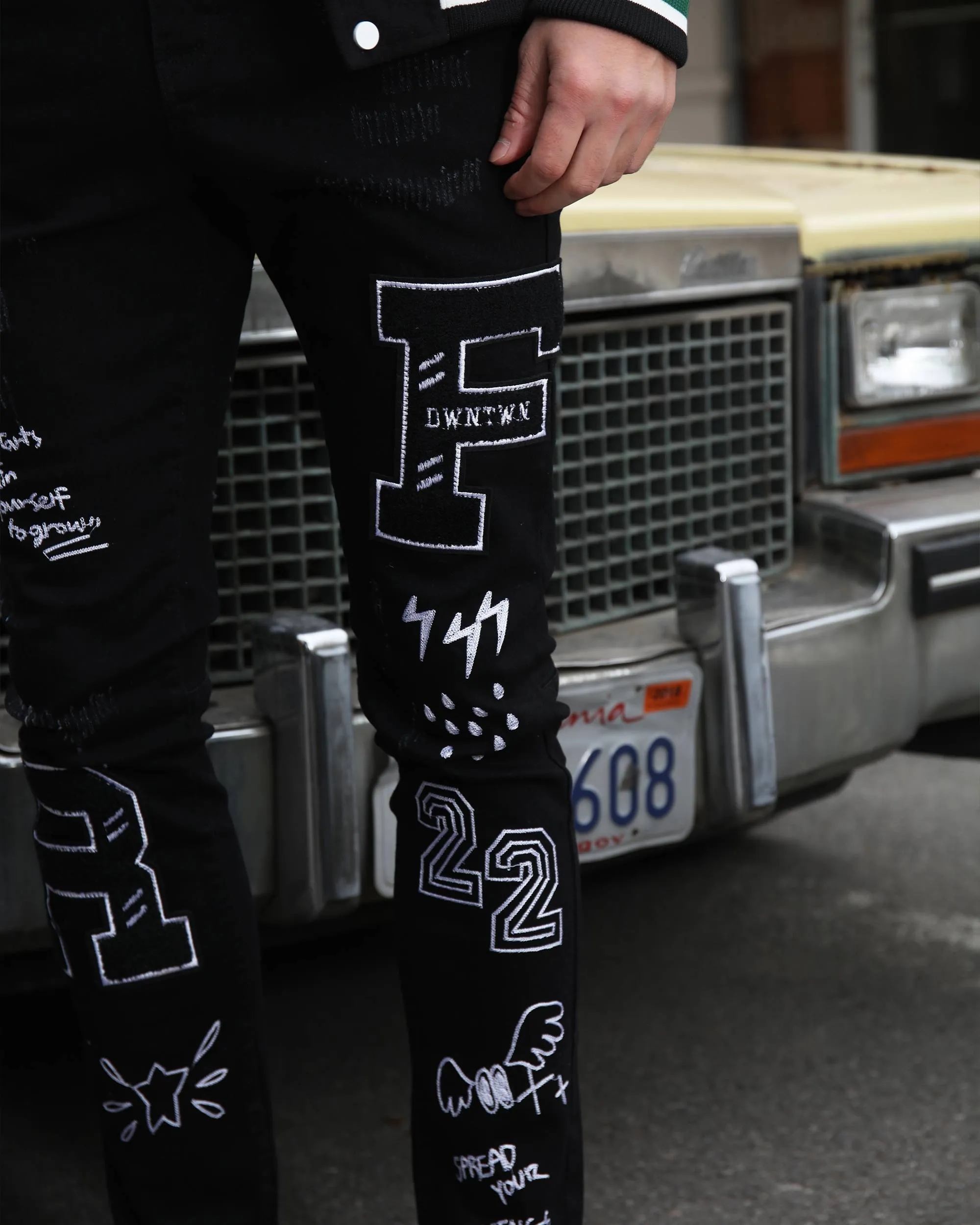 Black Urban Graffiti Embroidery Slim-fit Jeans-Mexico Local Delivery