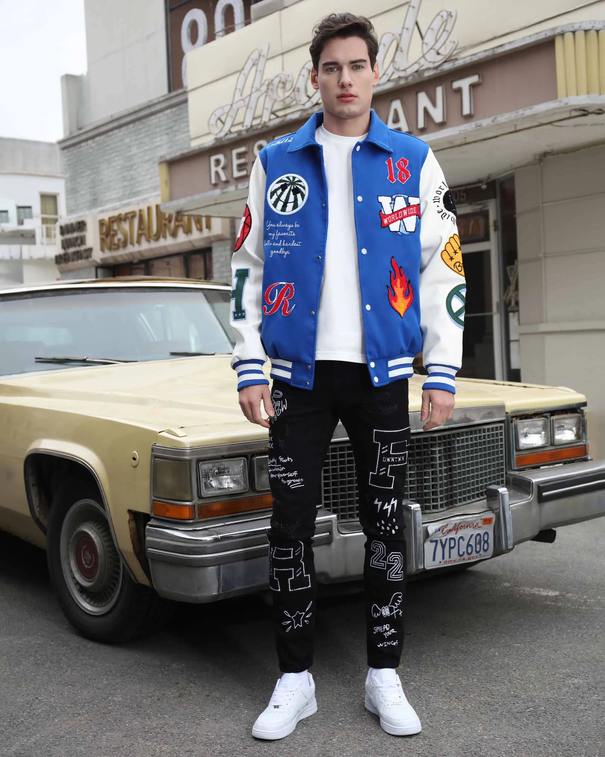 Black Urban Graffiti Embroidery Slim-fit Jeans-Mexico Local Delivery