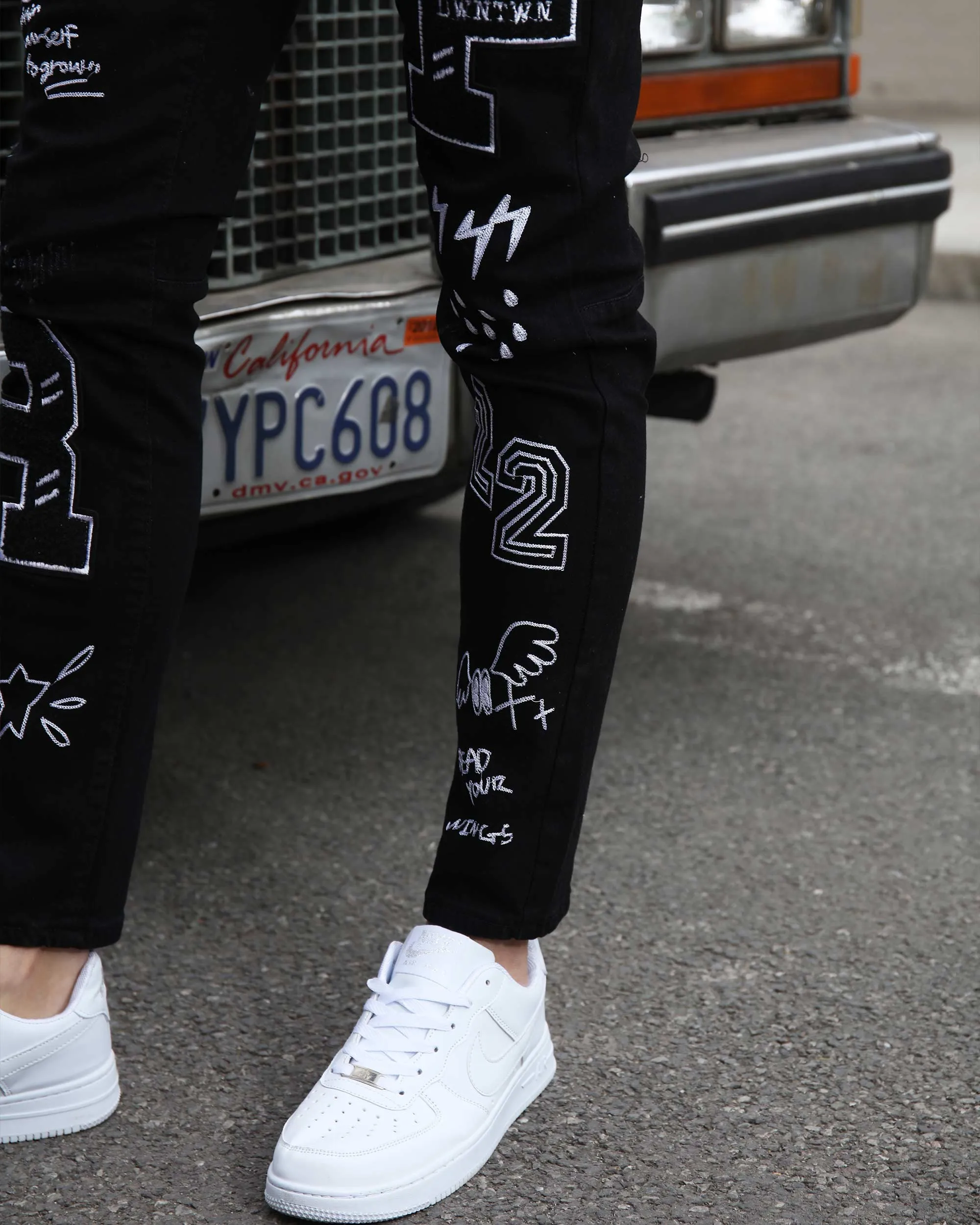 Black Urban Graffiti Embroidery Slim-fit Jeans-Mexico Local Delivery