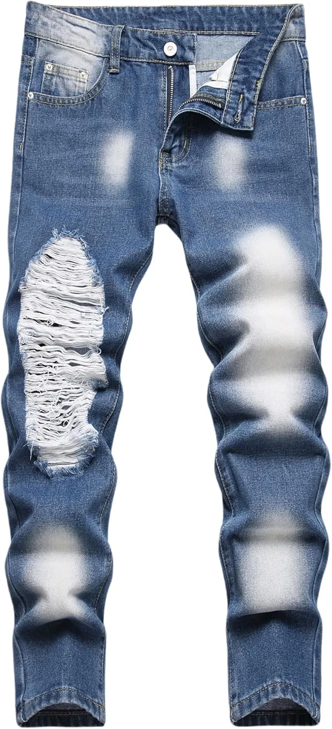 Boy's Ripped Jeans Stacked Destroyed Distressed Skinny Fit Fashion Comfy Denim Jeans Pants
