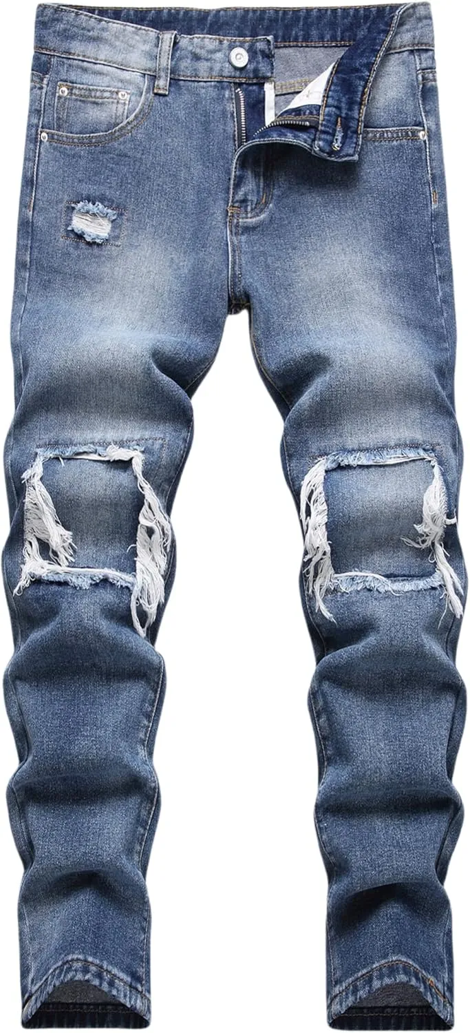 Boy's Ripped Jeans Stacked Destroyed Distressed Skinny Fit Fashion Comfy Denim Jeans Pants