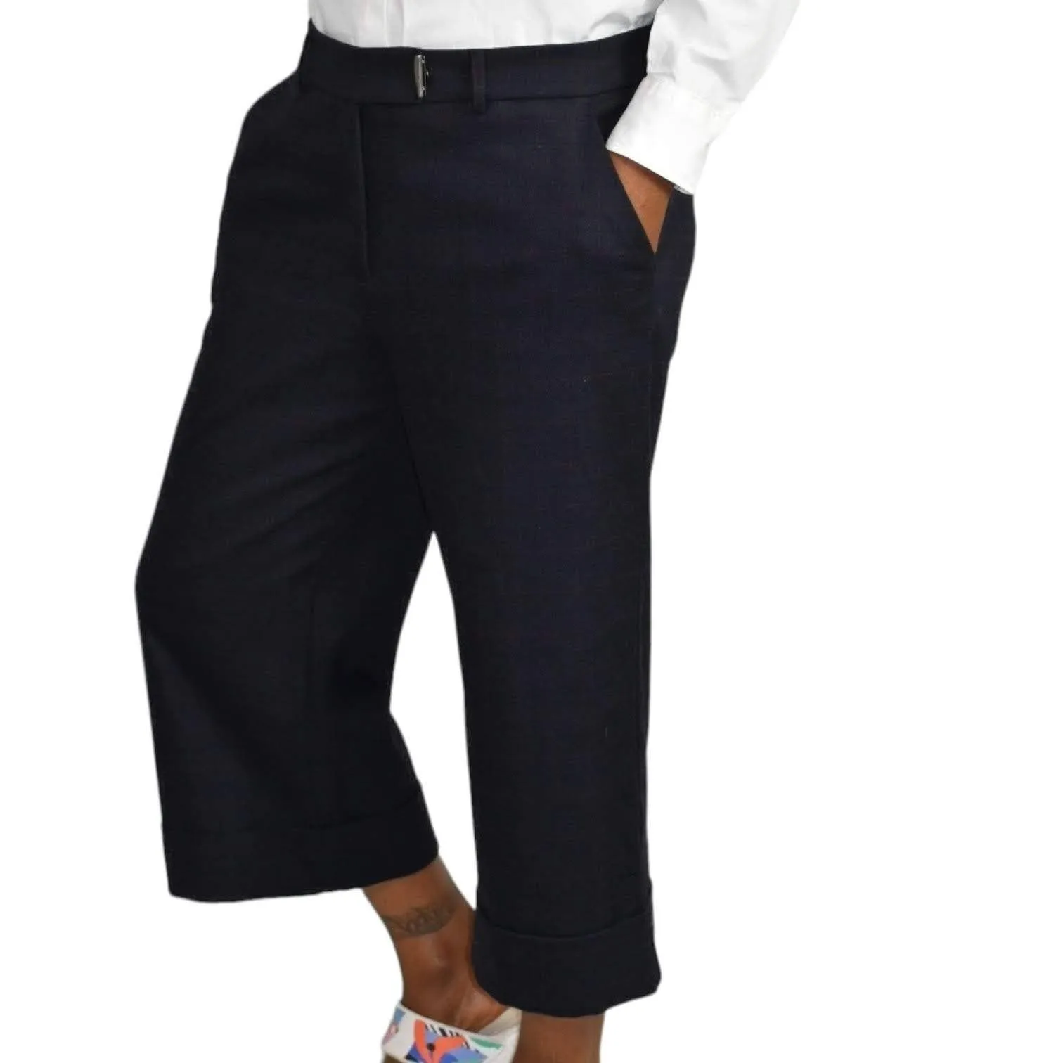 Cop Copine Ouaf Cropped Trouser Pants Blue Check Plaid Windowpane Cuffed Wide Leg Size 40 10