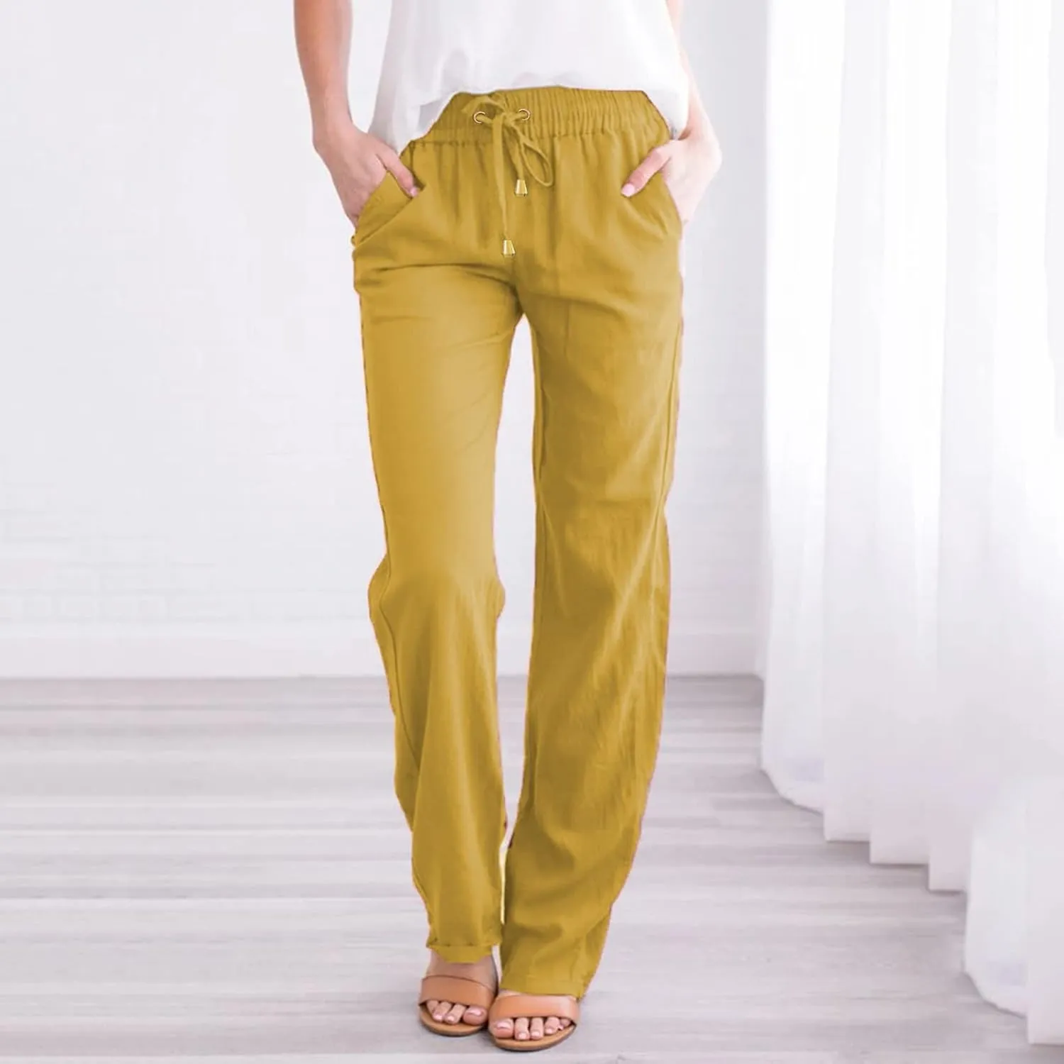Cotton Linen Pants Women Straight Leg Solid Color Casual Trousers Drawstring Relaxed Loose Fit Solid Lounge Trousers