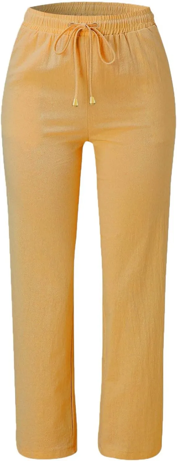 Cotton Linen Pants Women Straight Leg Solid Color Casual Trousers Drawstring Relaxed Loose Fit Solid Lounge Trousers