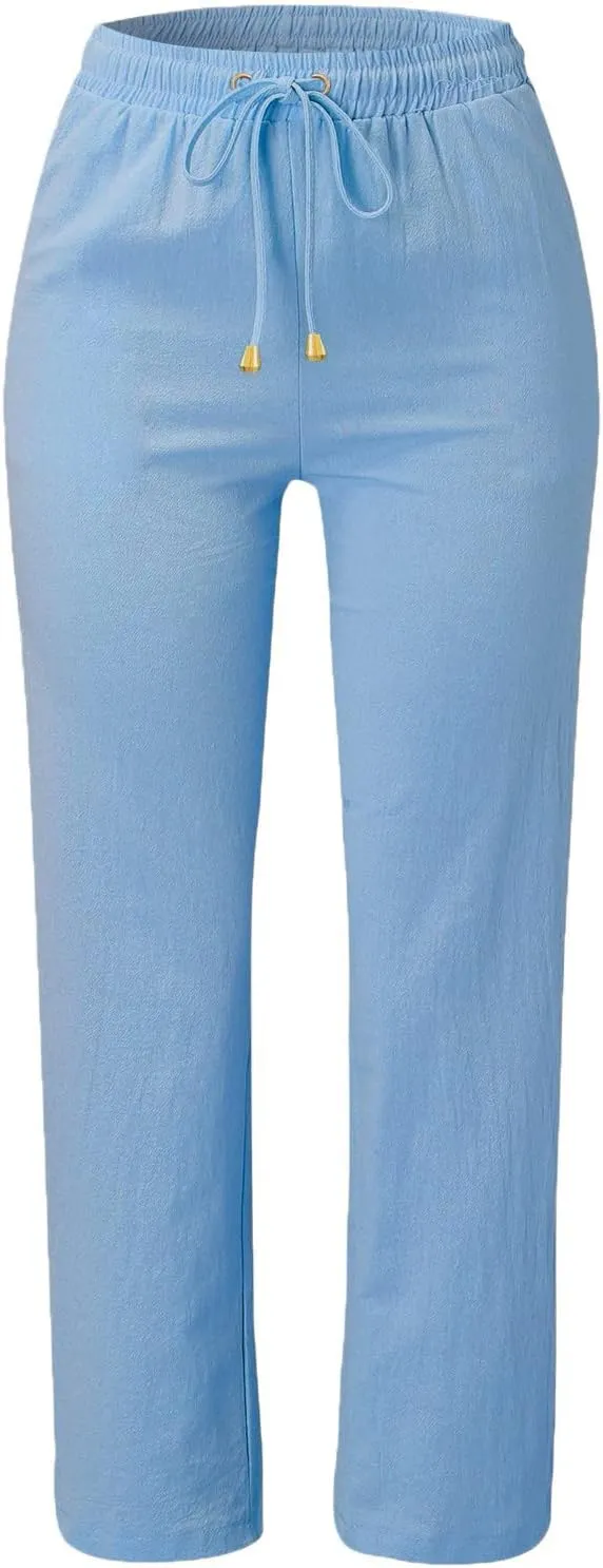 Cotton Linen Pants Women Straight Leg Solid Color Casual Trousers Drawstring Relaxed Loose Fit Solid Lounge Trousers