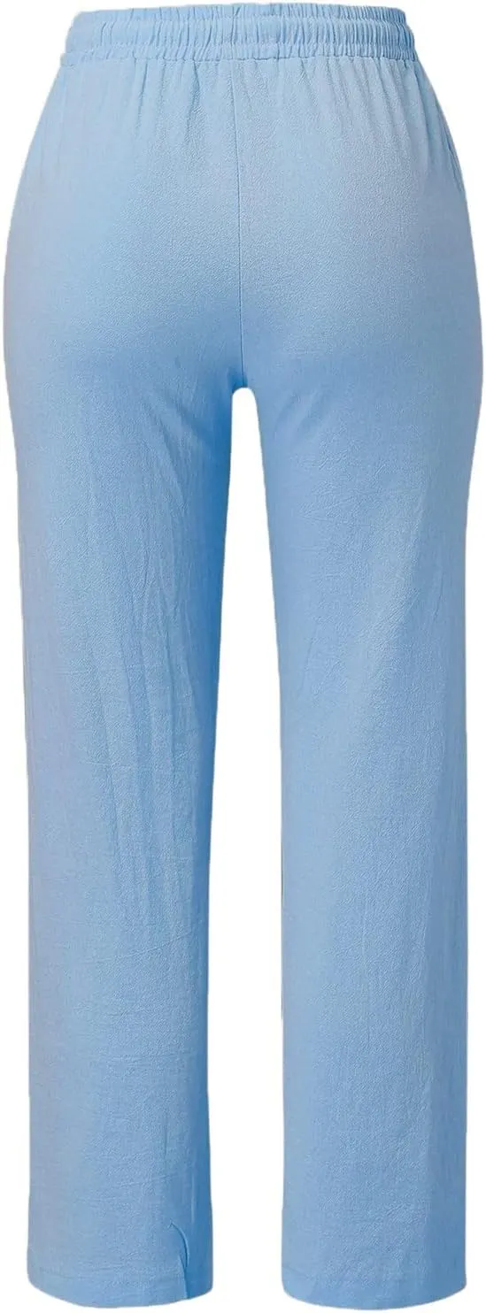 Cotton Linen Pants Women Straight Leg Solid Color Casual Trousers Drawstring Relaxed Loose Fit Solid Lounge Trousers