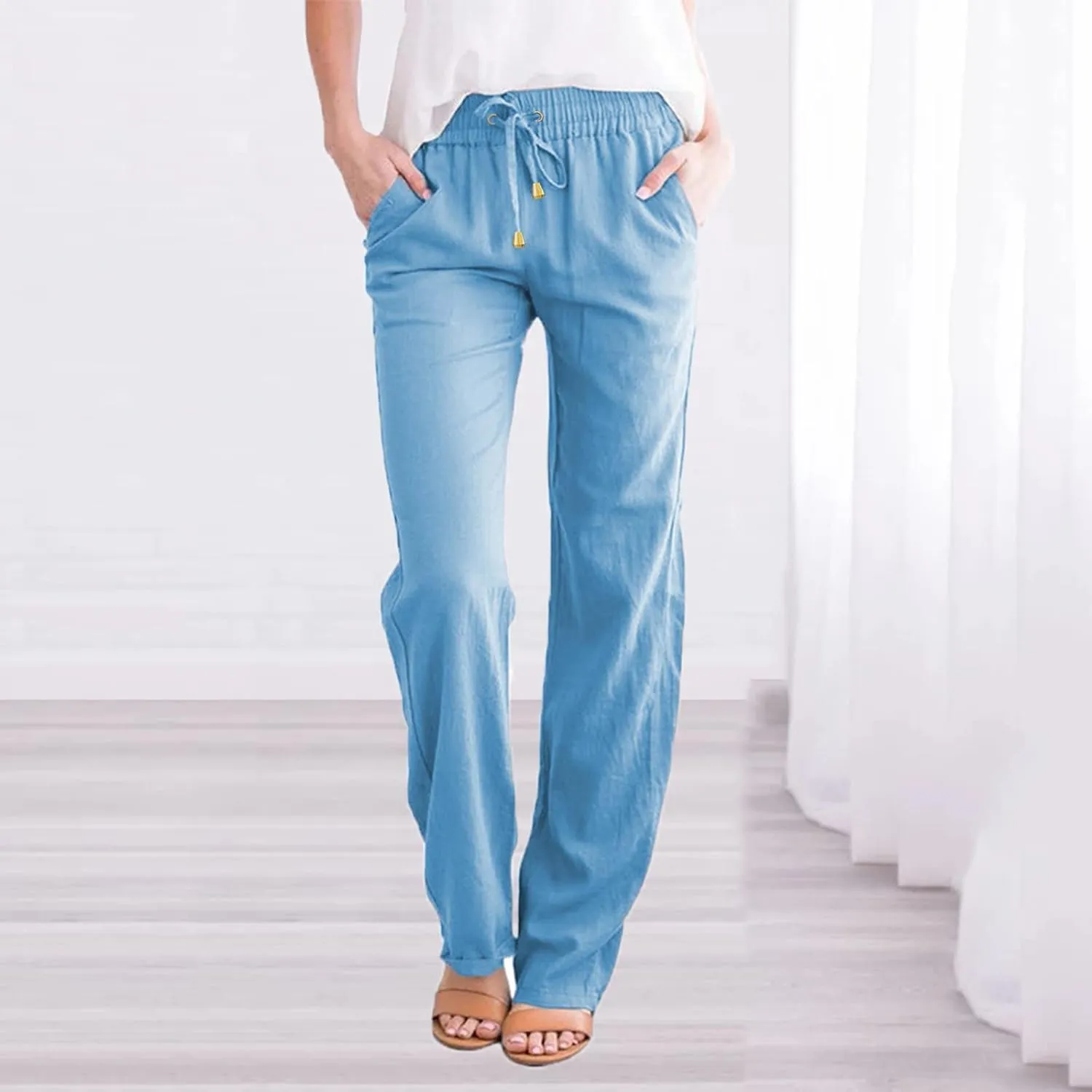 Cotton Linen Pants Women Straight Leg Solid Color Casual Trousers Drawstring Relaxed Loose Fit Solid Lounge Trousers