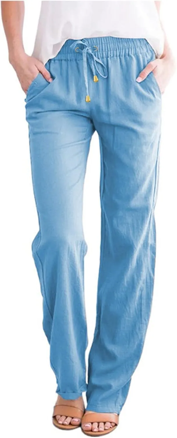Cotton Linen Pants Women Straight Leg Solid Color Casual Trousers Drawstring Relaxed Loose Fit Solid Lounge Trousers