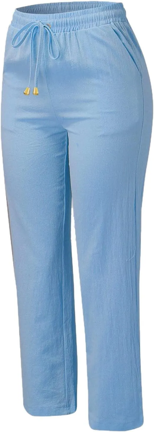 Cotton Linen Pants Women Straight Leg Solid Color Casual Trousers Drawstring Relaxed Loose Fit Solid Lounge Trousers