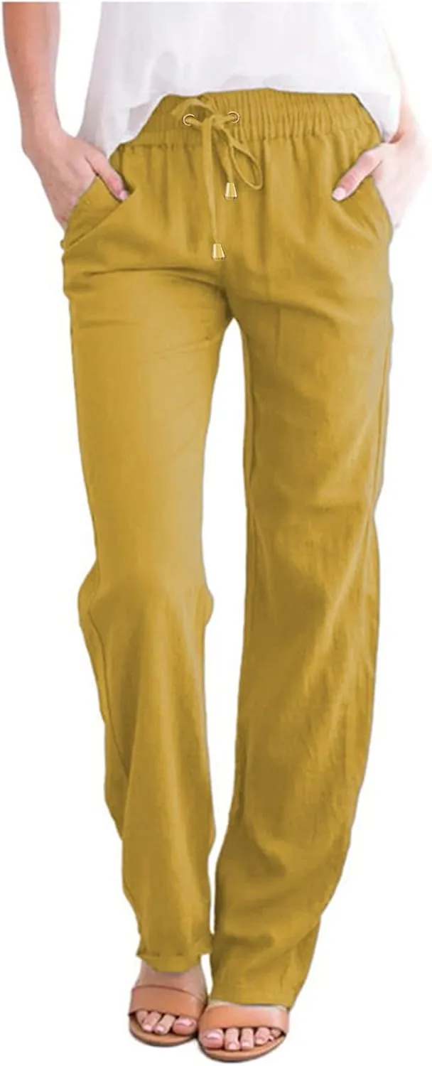 Cotton Linen Pants Women Straight Leg Solid Color Casual Trousers Drawstring Relaxed Loose Fit Solid Lounge Trousers