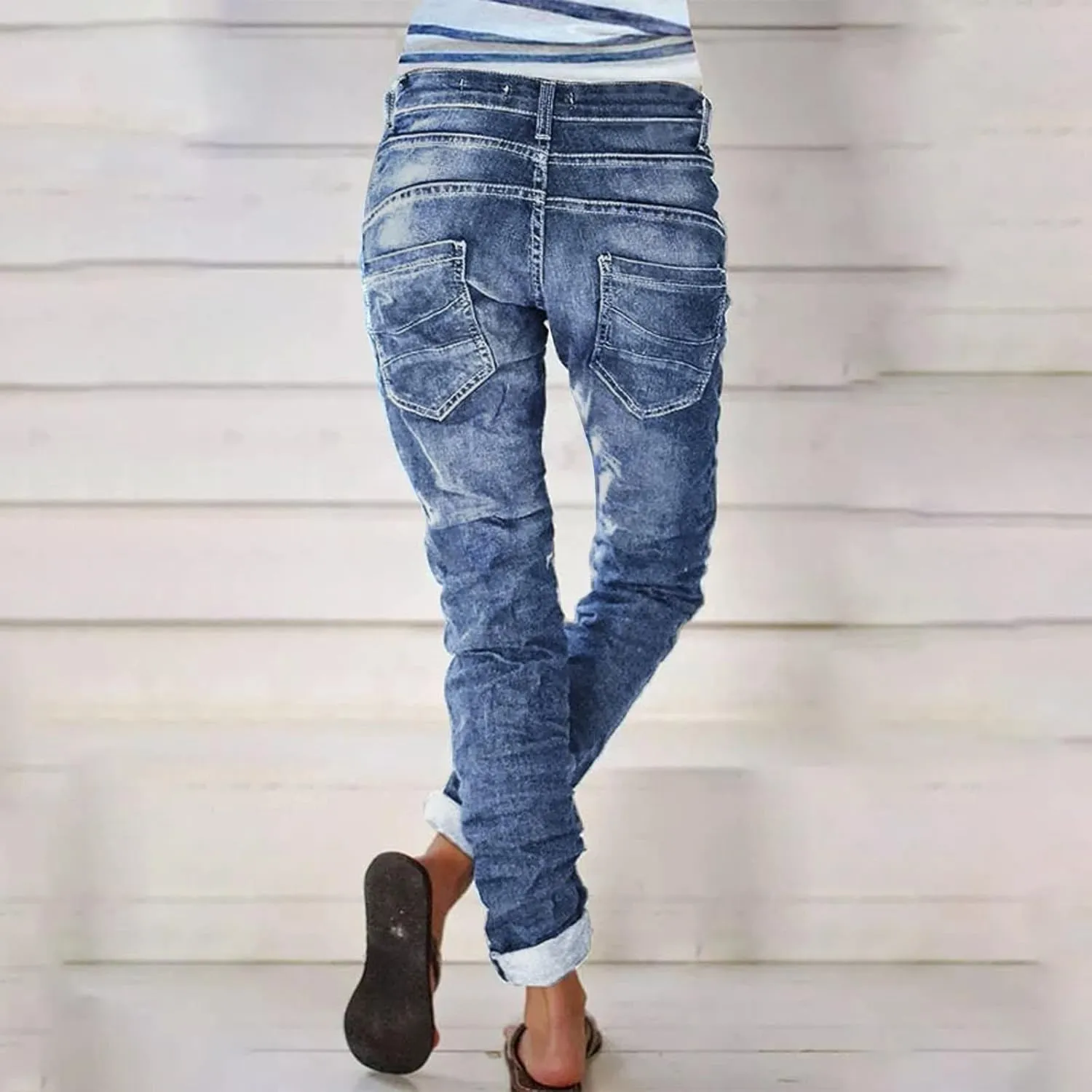 Distressed Jeans for Women Slim Straight Cuffed Crop Jeans Mid Waist Stretchy Washed Cute Boyfriend Denim Pants