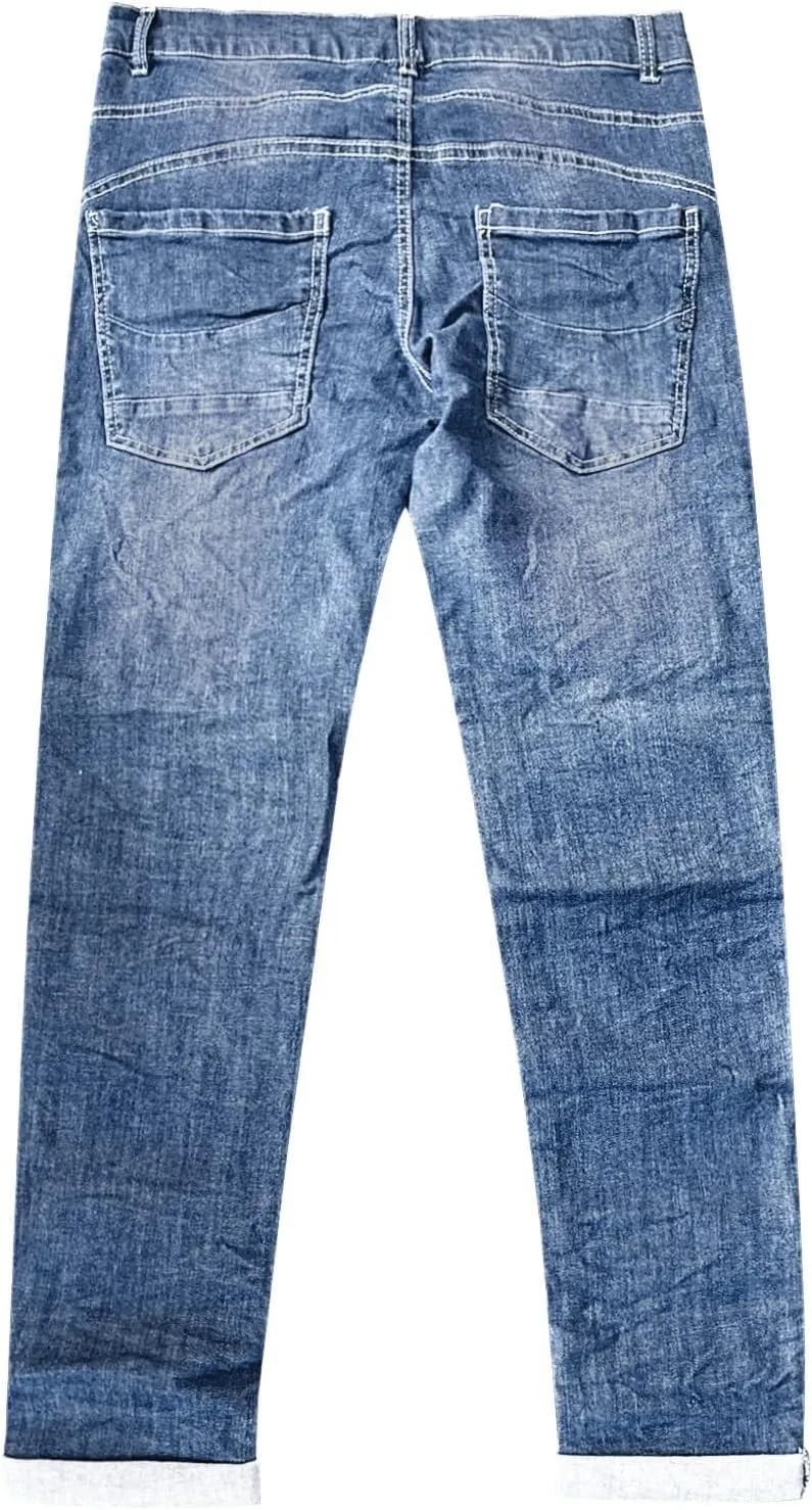 Distressed Jeans for Women Slim Straight Cuffed Crop Jeans Mid Waist Stretchy Washed Cute Boyfriend Denim Pants