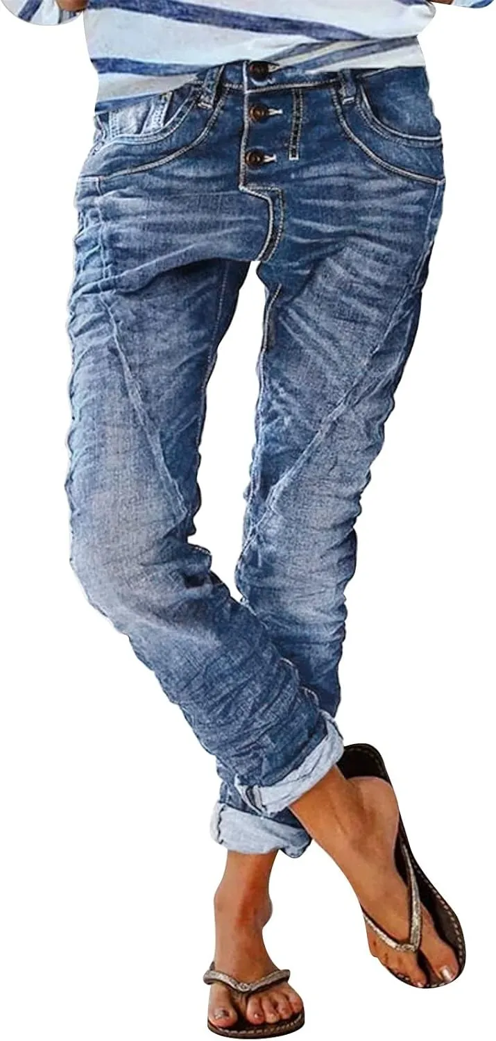 Distressed Jeans for Women Slim Straight Cuffed Crop Jeans Mid Waist Stretchy Washed Cute Boyfriend Denim Pants