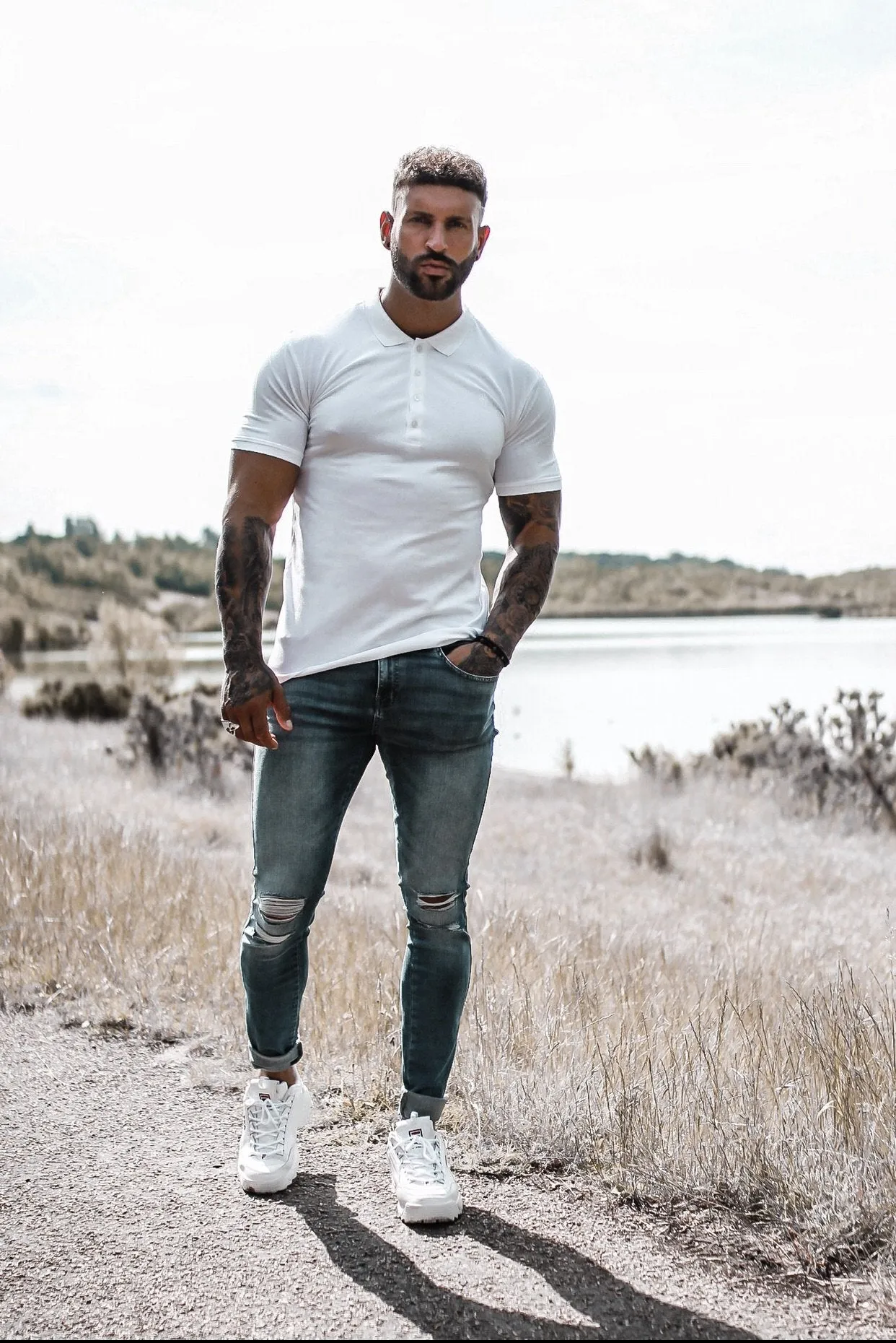 Father Sons Distressed Double Ripped Slim Stretch Blue Jeans - FSH344