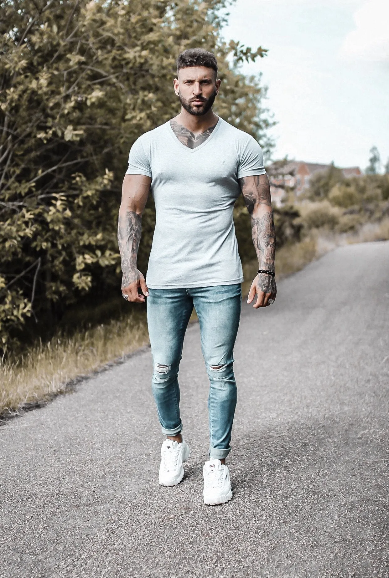 Father Sons Distressed Double Ripped Slim Stretch Blue Jeans - FSH344