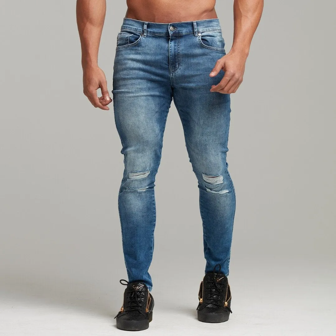 Father Sons Distressed Double Ripped Slim Stretch Blue Jeans - FSH344