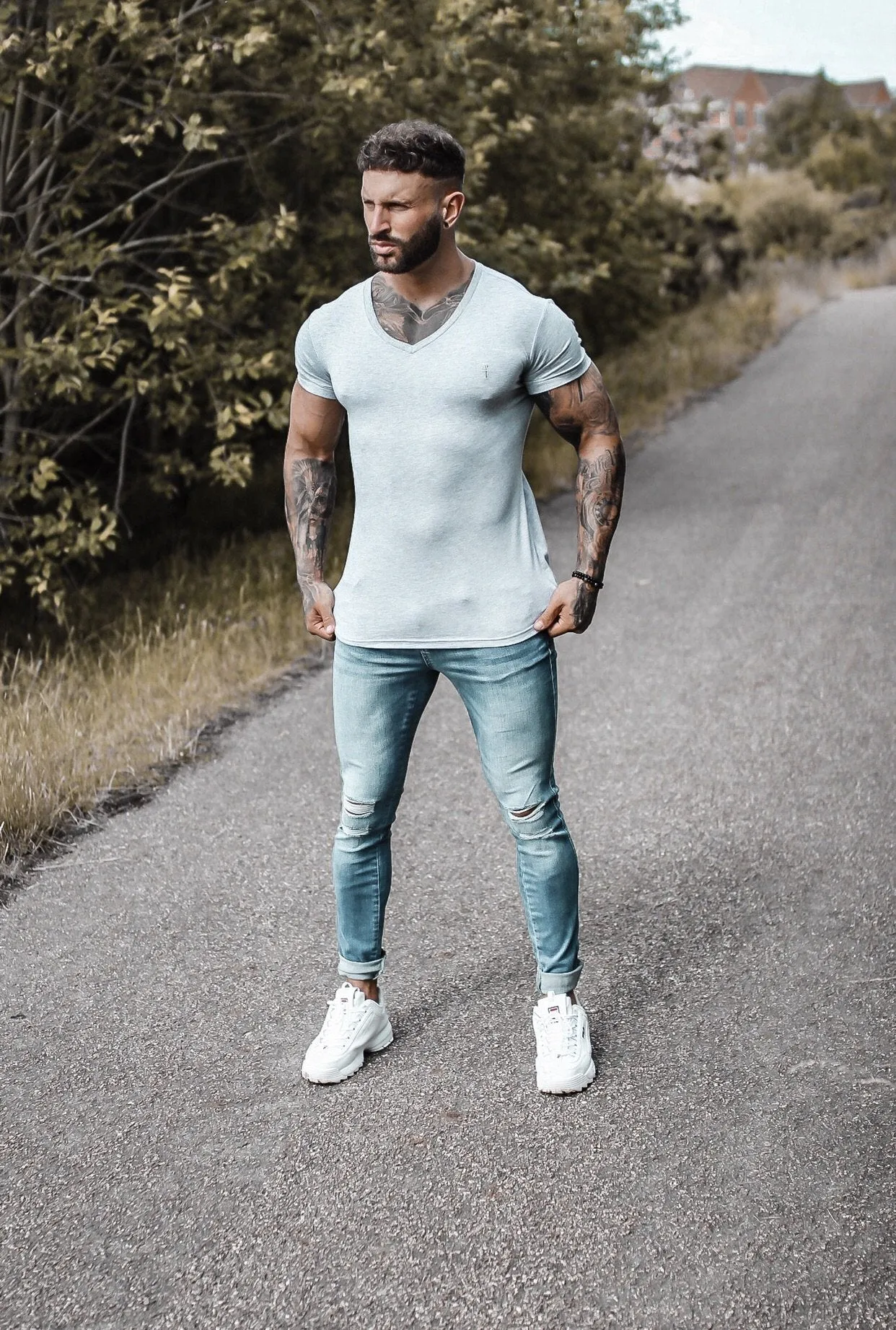 Father Sons Distressed Double Ripped Slim Stretch Blue Jeans - FSH344
