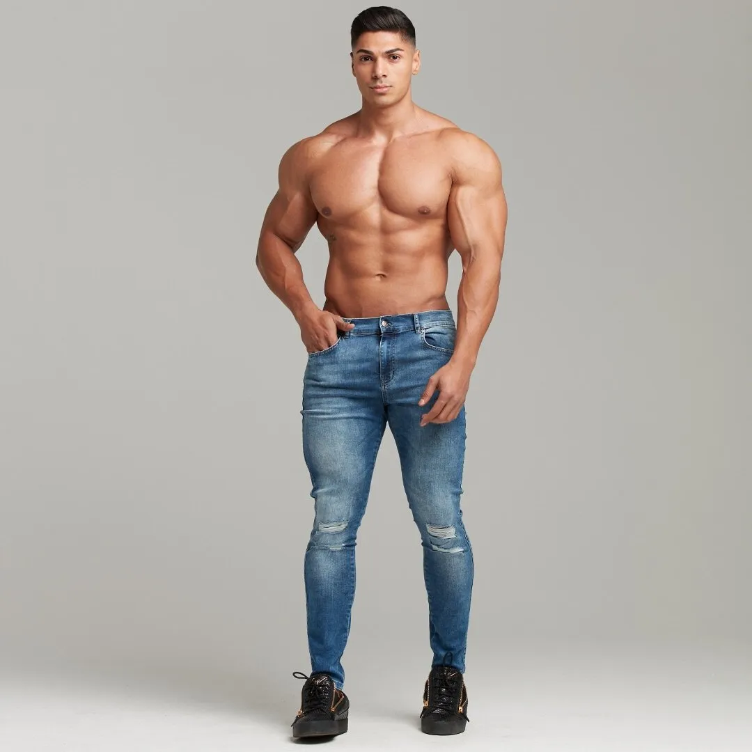 Father Sons Distressed Double Ripped Slim Stretch Blue Jeans - FSH344