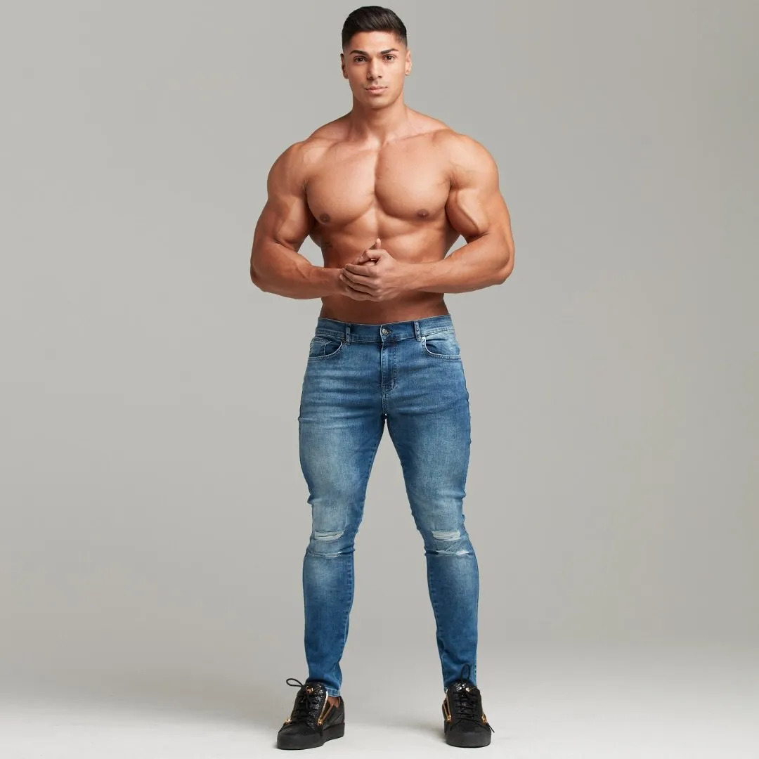Father Sons Distressed Double Ripped Slim Stretch Blue Jeans - FSH344