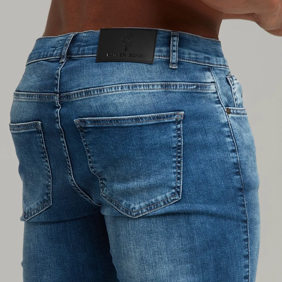 Father Sons Distressed Double Ripped Slim Stretch Blue Jeans - FSH344