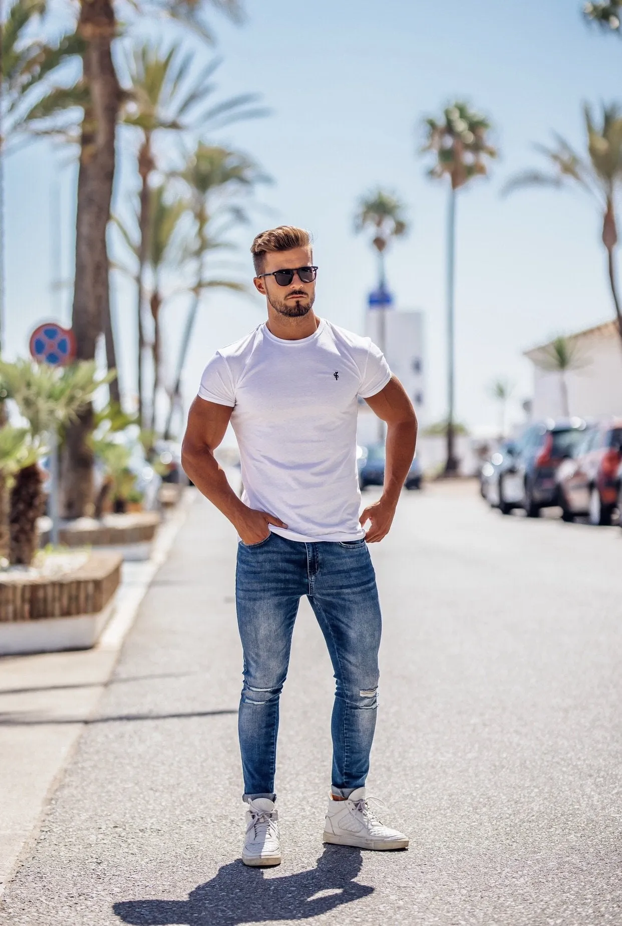 Father Sons Distressed Double Ripped Slim Stretch Blue Jeans - FSH344