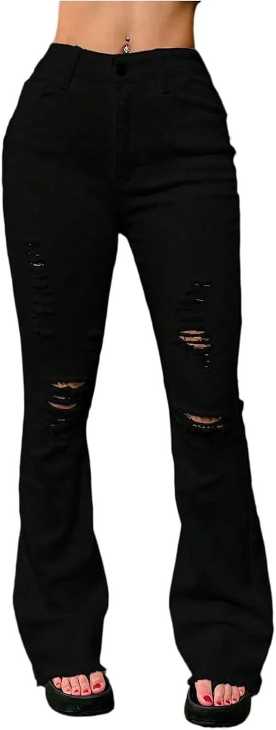 Flare Jeans for Women Ripped High Waisted Raw Hem Bootcut Jeans Stretchy Colombian Design Butt Lifting Denim Pants