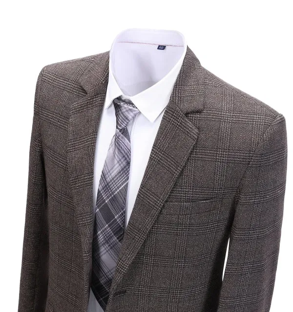 Formal Men's Business Coffee Plaid Notch Lapel Blazer