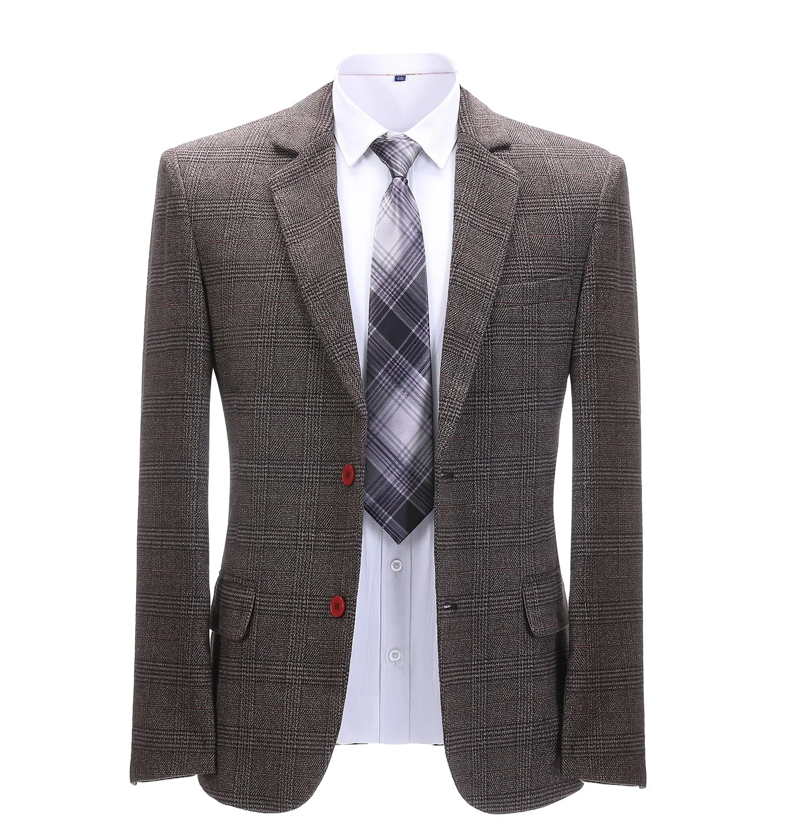 Formal Men's Business Coffee Plaid Notch Lapel Blazer