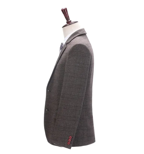 Formal Men's Business Coffee Plaid Notch Lapel Blazer