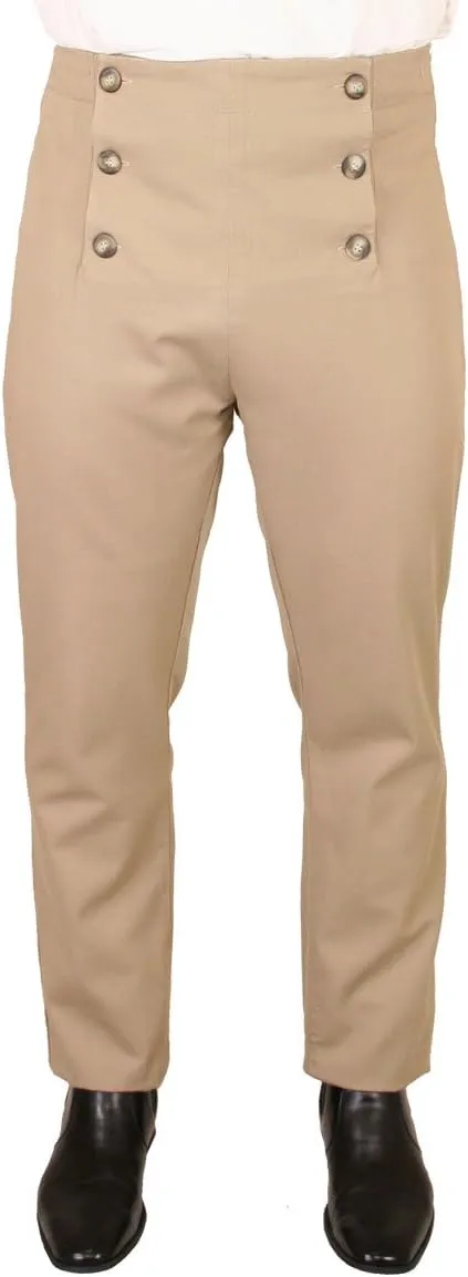 Historical Emporium Men's High Waist Cotton Regency Fall Front Trousers, Costume Cosplay Dress Pants with Suspender Buttons