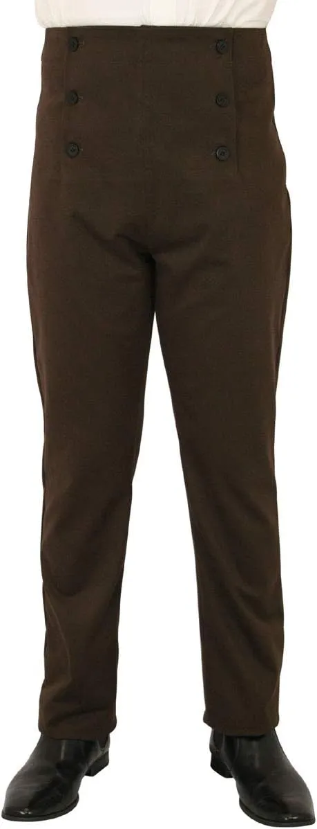 Historical Emporium Men's High Waist Cotton Regency Fall Front Trousers, Costume Cosplay Dress Pants with Suspender Buttons