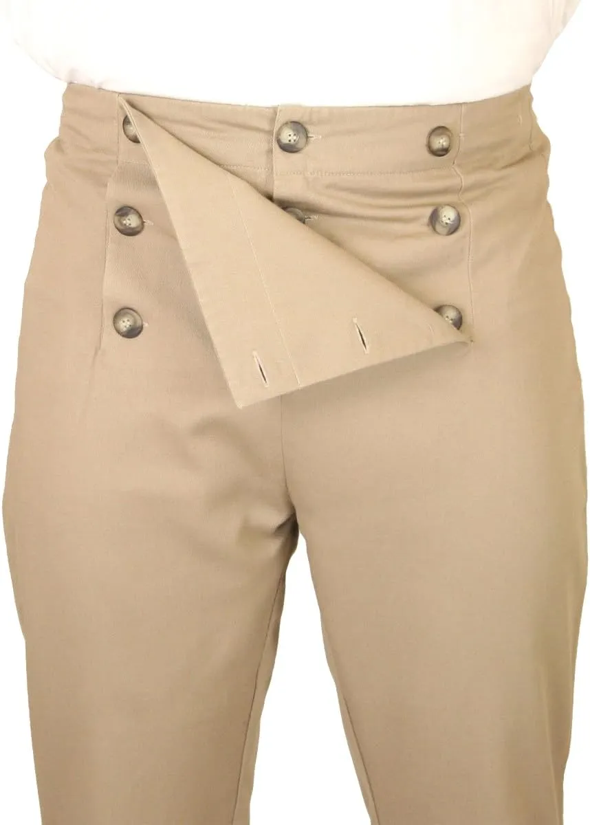 Historical Emporium Men's High Waist Cotton Regency Fall Front Trousers, Costume Cosplay Dress Pants with Suspender Buttons