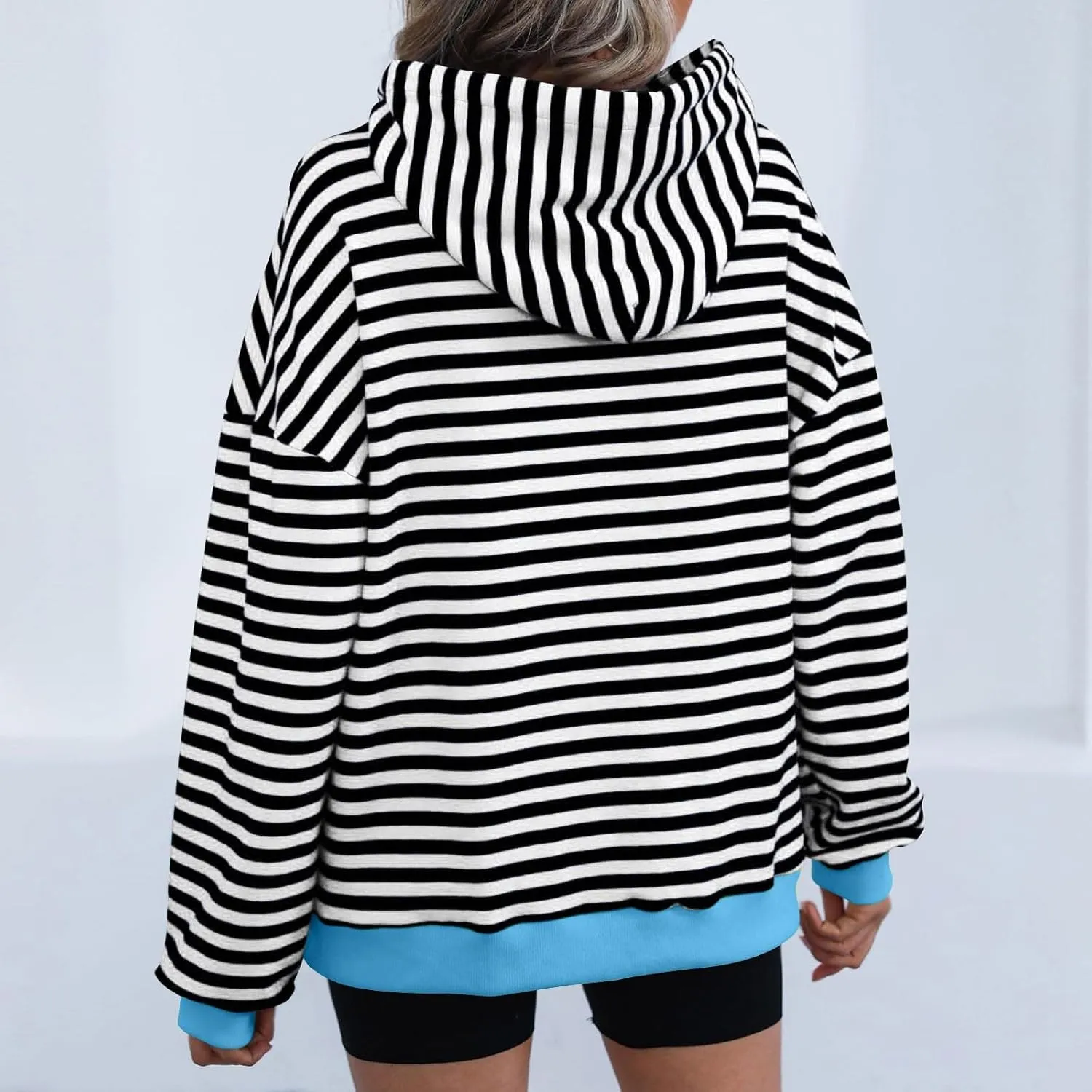 Hoodies for Women Striped Color Block Oversized Sweatshirt Drwastring Long Sleeve Fashion Pullover Sweater With Pocket