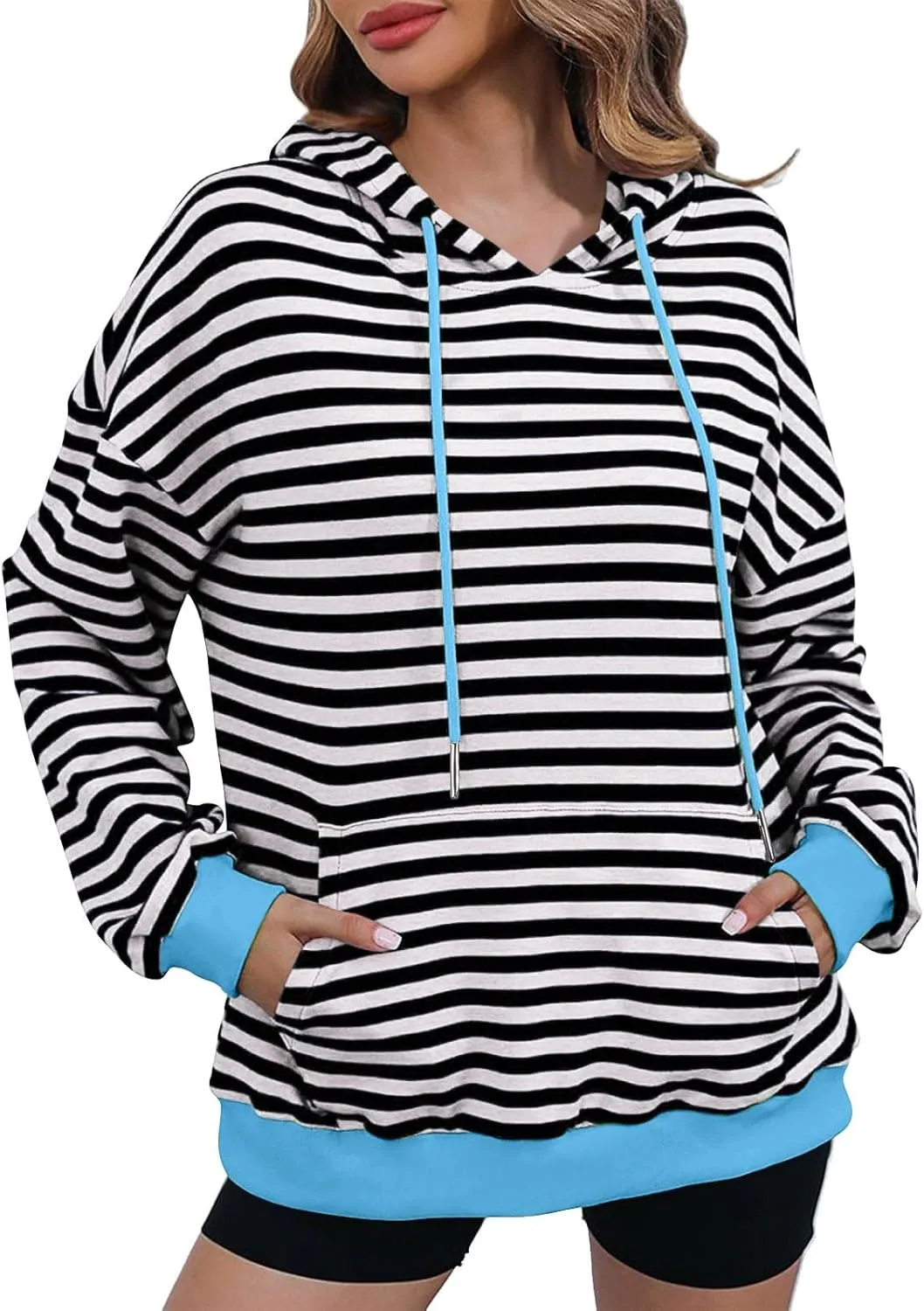 Hoodies for Women Striped Color Block Oversized Sweatshirt Drwastring Long Sleeve Fashion Pullover Sweater With Pocket