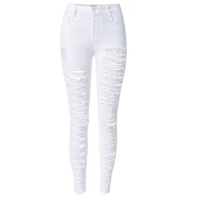 Individuality White High Waist Pencil Pants Women's Ripped Jeans