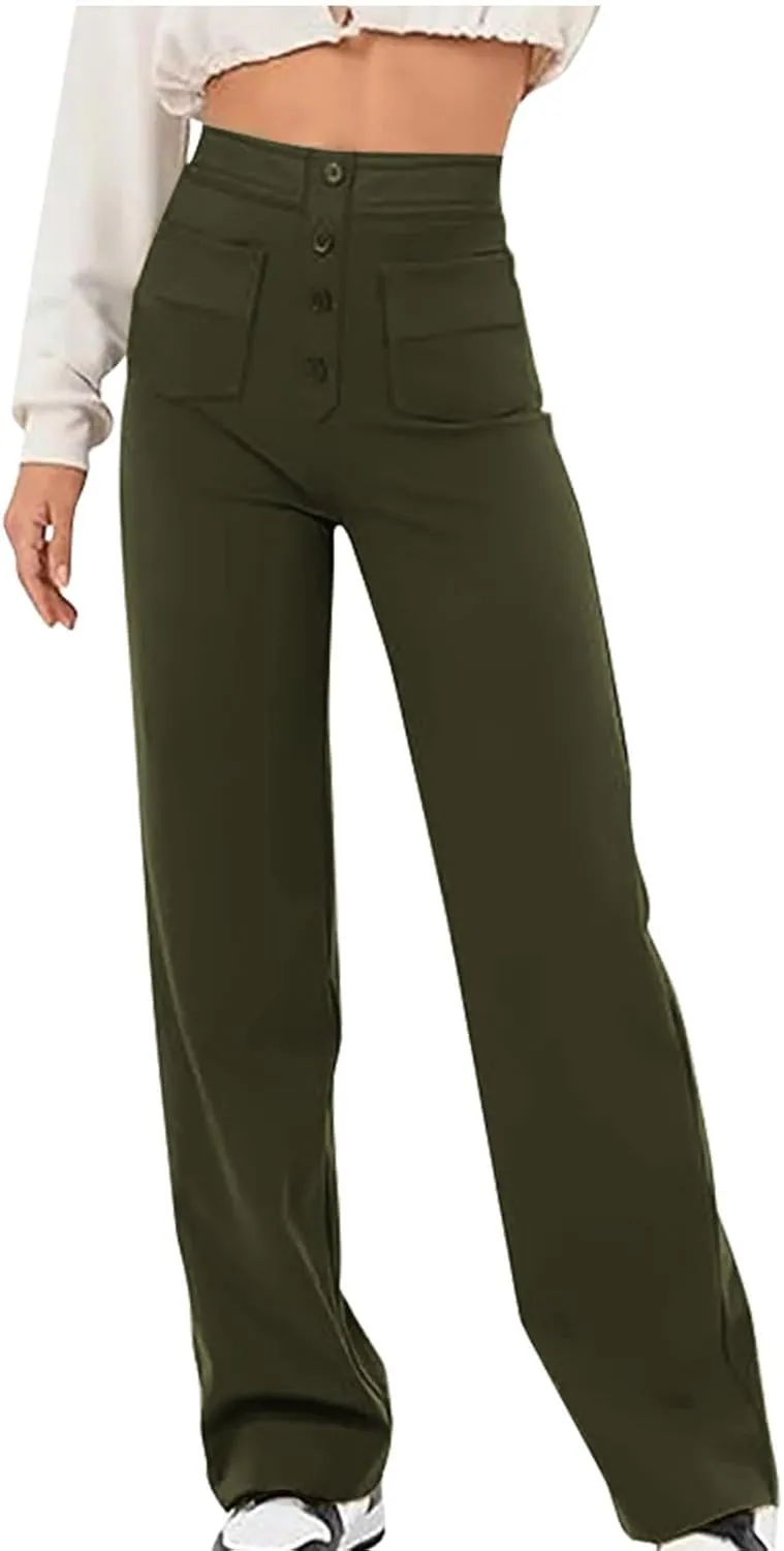 JOAU Womens 2024 Summer High Waisted Straight Leg Pants Fashion Button Decorated Casual Stretchy Trousers with Front Pockets