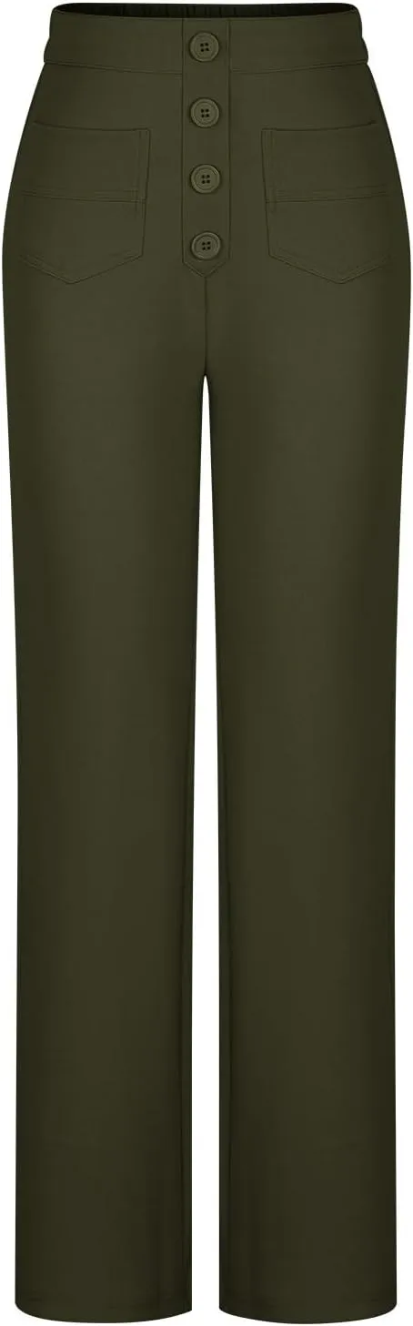 JOAU Womens 2024 Summer High Waisted Straight Leg Pants Fashion Button Decorated Casual Stretchy Trousers with Front Pockets