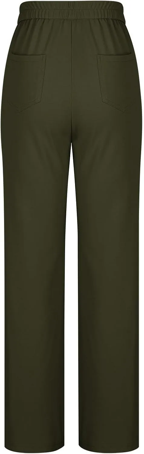 JOAU Womens 2024 Summer High Waisted Straight Leg Pants Fashion Button Decorated Casual Stretchy Trousers with Front Pockets