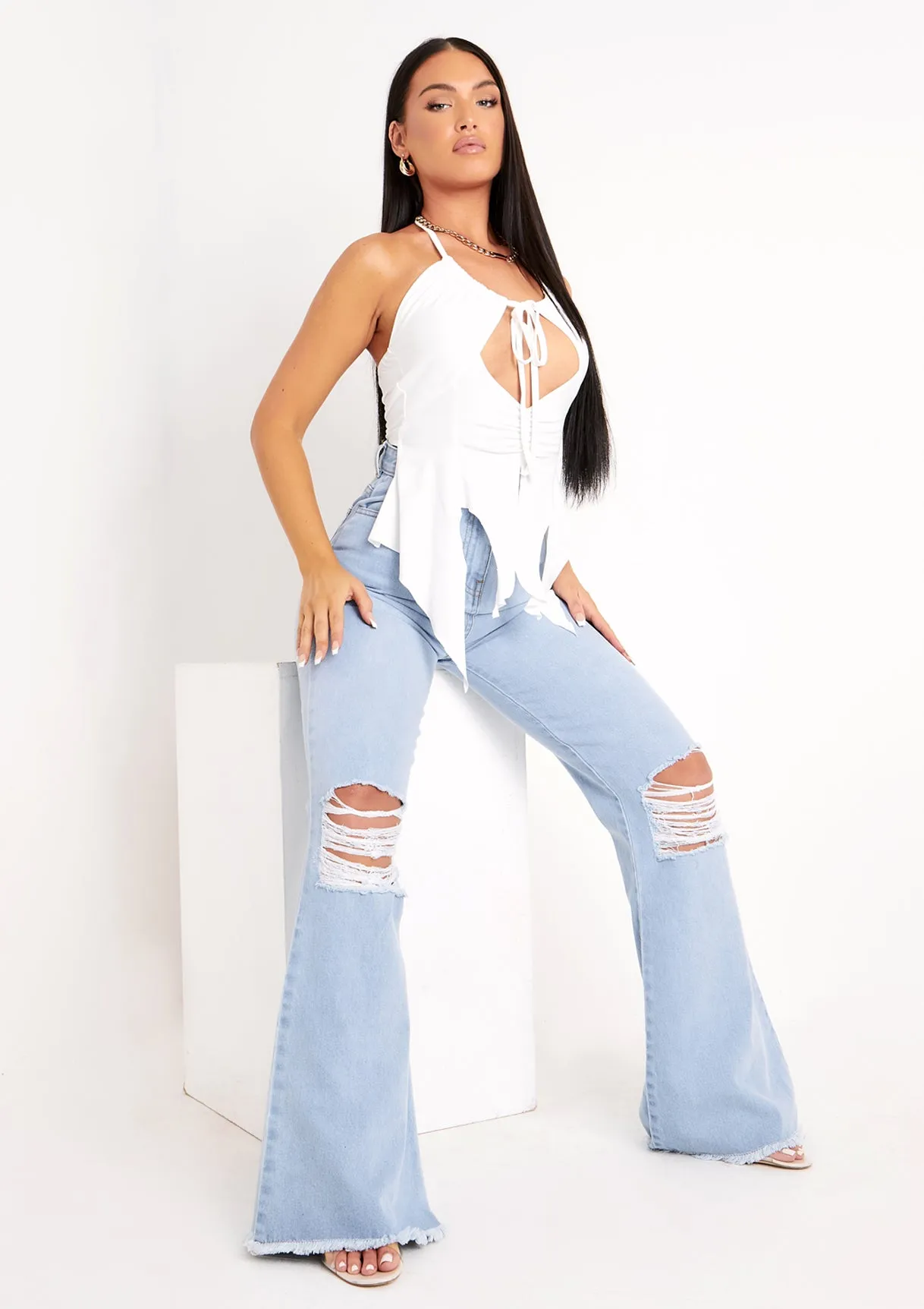 Justine Light Blue Wash Wide Leg Ripped Denim Jeans