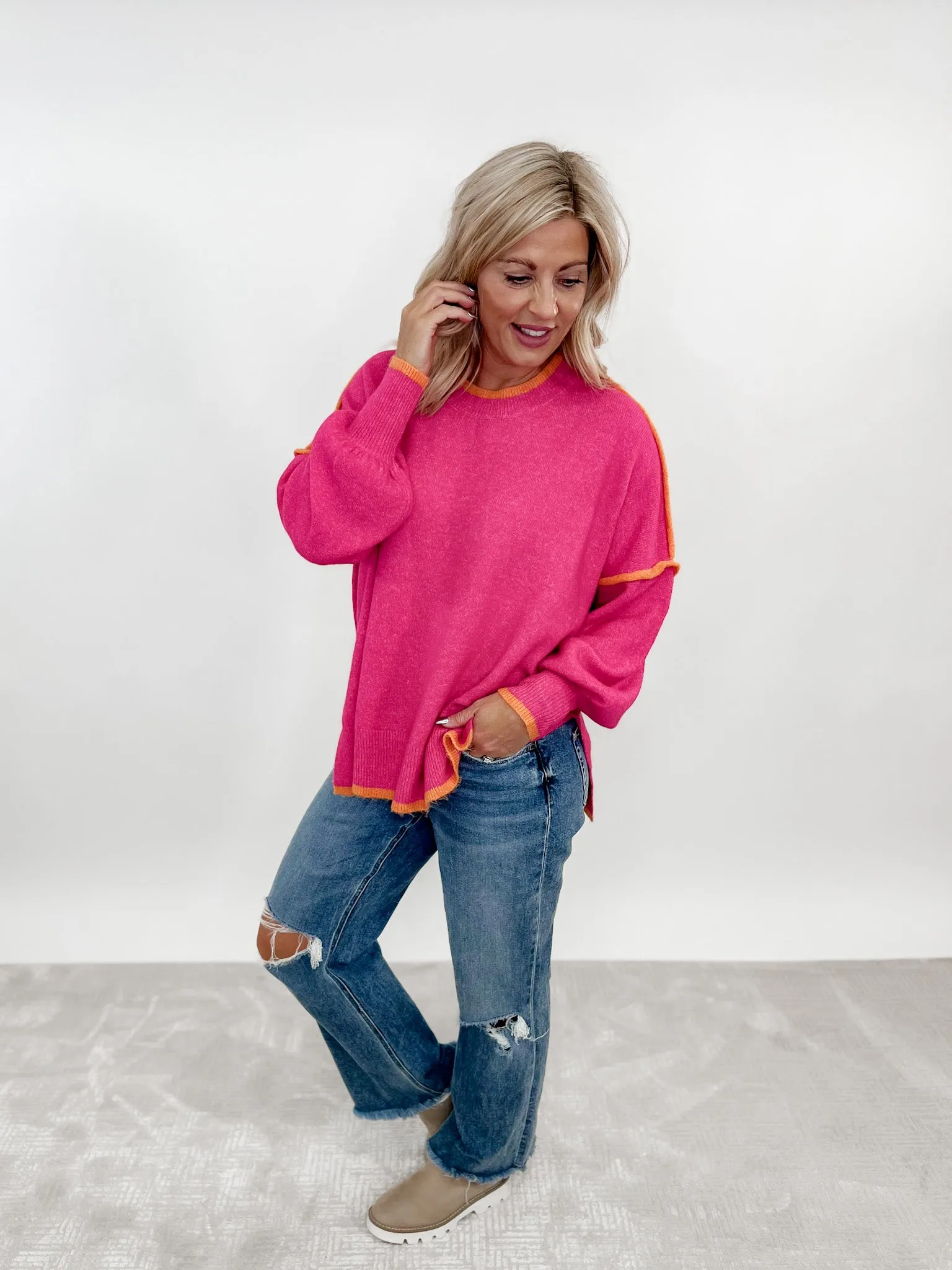 Keaton Contrast Sweater Top, Hot Pink