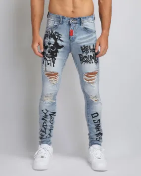 Large Ripped Blue Jeans with Skull Design-Mexico Local Delivery