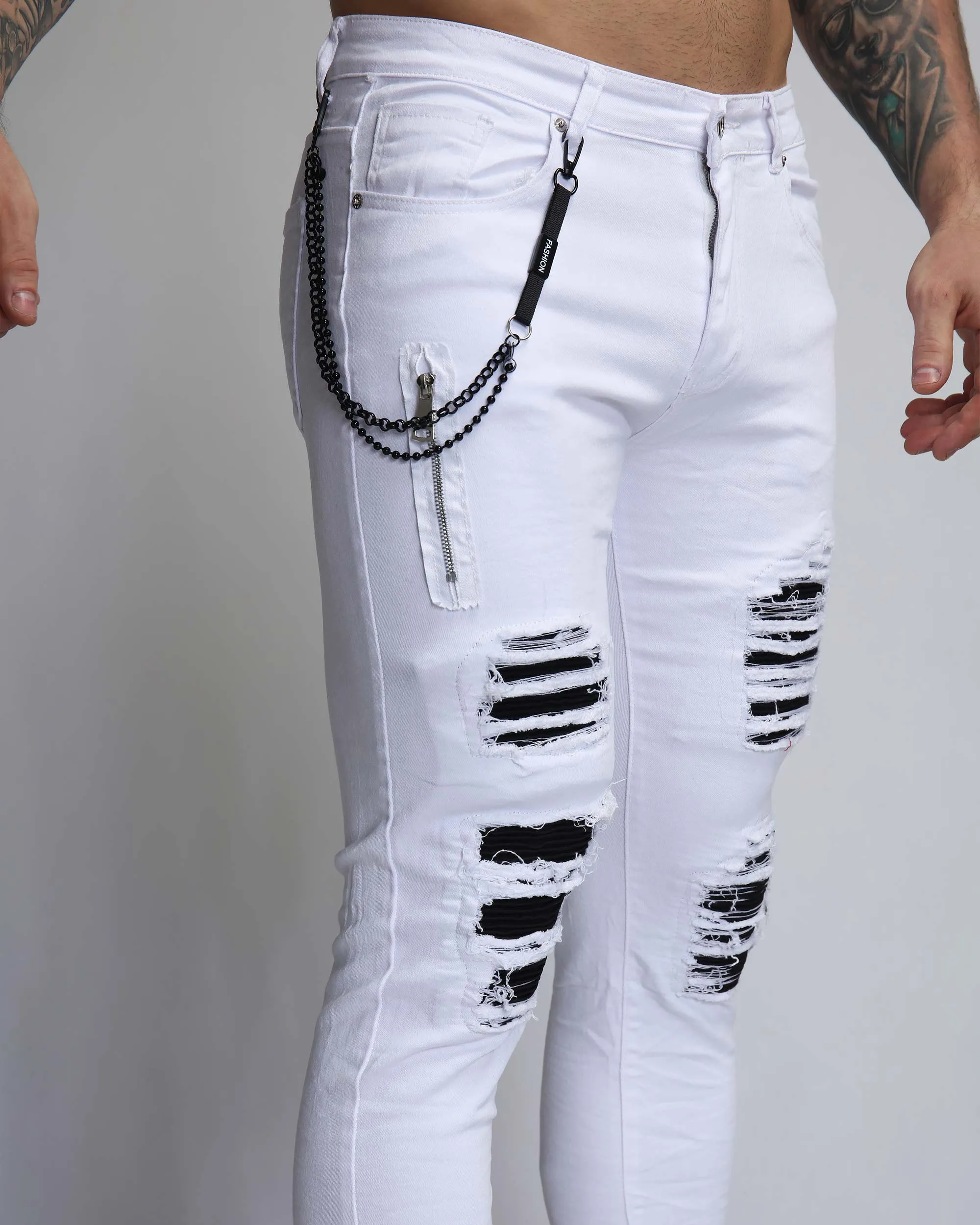 Large Ripped White Jeans with Black Patches-Mexico Local Delivery