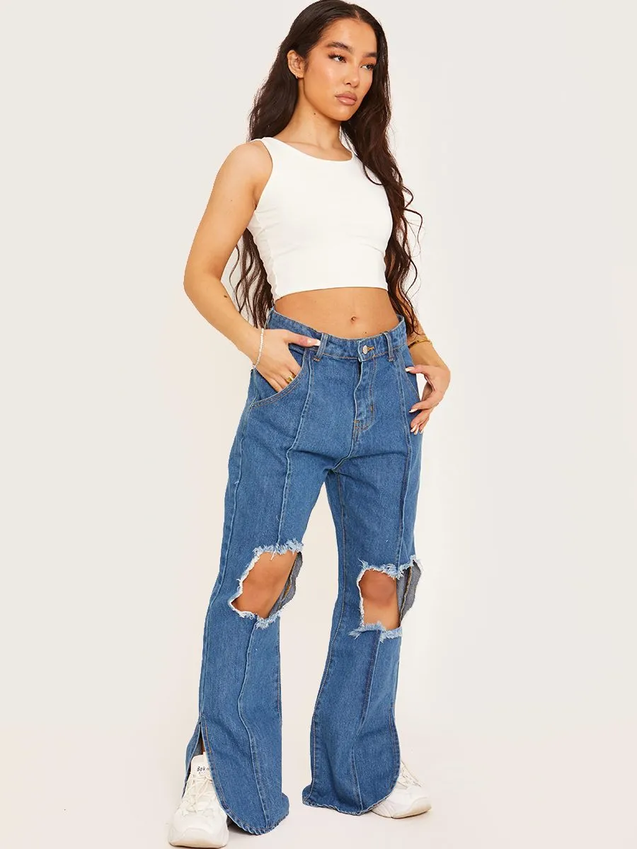 Lauren Ripped Knee Split Flapper Jeans In Blue