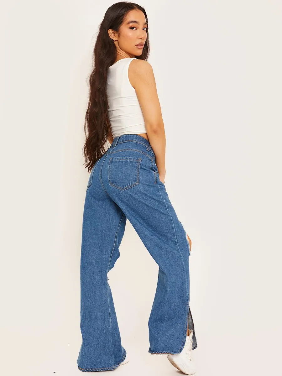 Lauren Ripped Knee Split Flapper Jeans In Blue